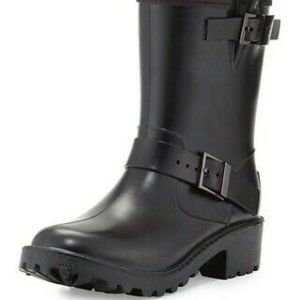 Michael Kors Devenport Rain Boots Size 8 Rubber Black Mid Calf Buckle Booties